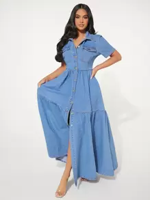 SHEIN SXY Váy denim nữ Nút Túi Viên lá sen Tách cao màu trơn Thanh lịch - Rửa trung bình - Xem 5