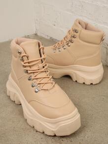 Round Toe Lace Up Lug Sole Combat Boots - Khaki - View 2