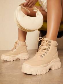 Round Toe Lace Up Lug Sole Combat Boots - Khaki - View 4