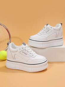 Letter Graphic Lace-up Front Wedge Sneakers - White - View 1