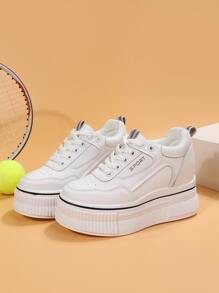 Letter Graphic Lace-up Front Wedge Sneakers - White - View 2