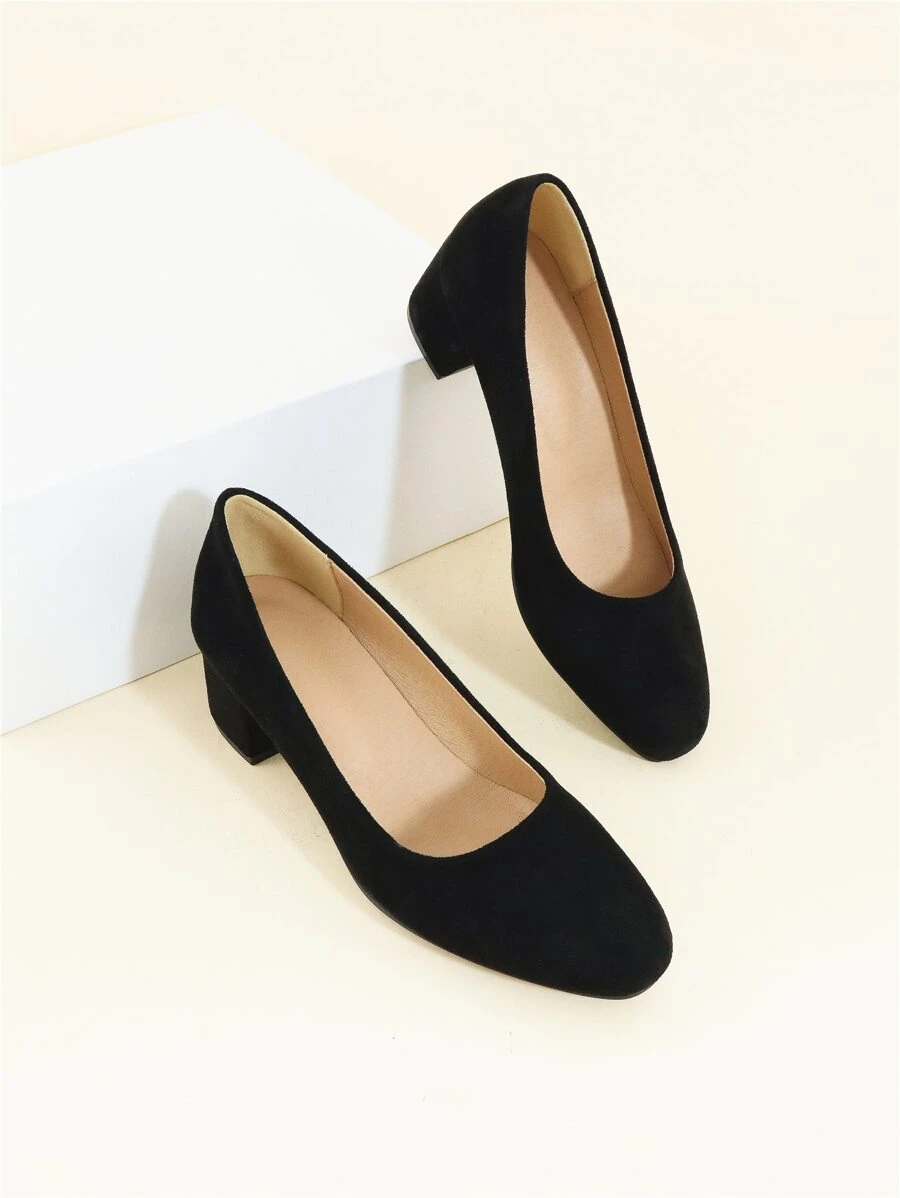 Faux Suede Square Toe Chunky Heeled Court Pumps - Black - View 1