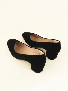 Faux Suede Square Toe Chunky Heeled Court Pumps - Black - View 2