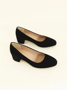Faux Suede Square Toe Chunky Heeled Court Pumps - Black - View 4