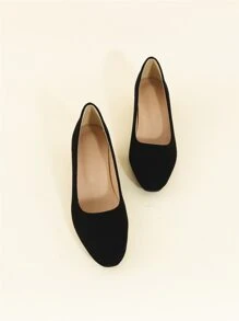 Faux Suede Square Toe Chunky Heeled Court Pumps - Black - View 6