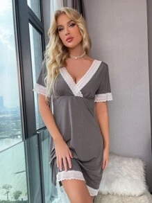 Vestido para dormir con encaje en contraste de cuello cruzado - Gris - Ver 3
