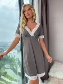 Vestido para dormir con encaje en contraste de cuello cruzado - Gris - Ver 4