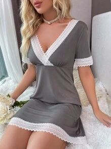Vestido para dormir con encaje en contraste de cuello cruzado - Gris - Ver 5