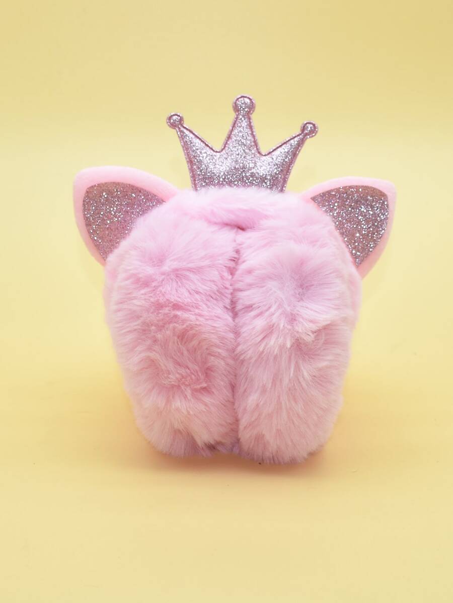 小女童金屬亮絲皇冠和卡通耳朵裝飾毛茸茸耳罩