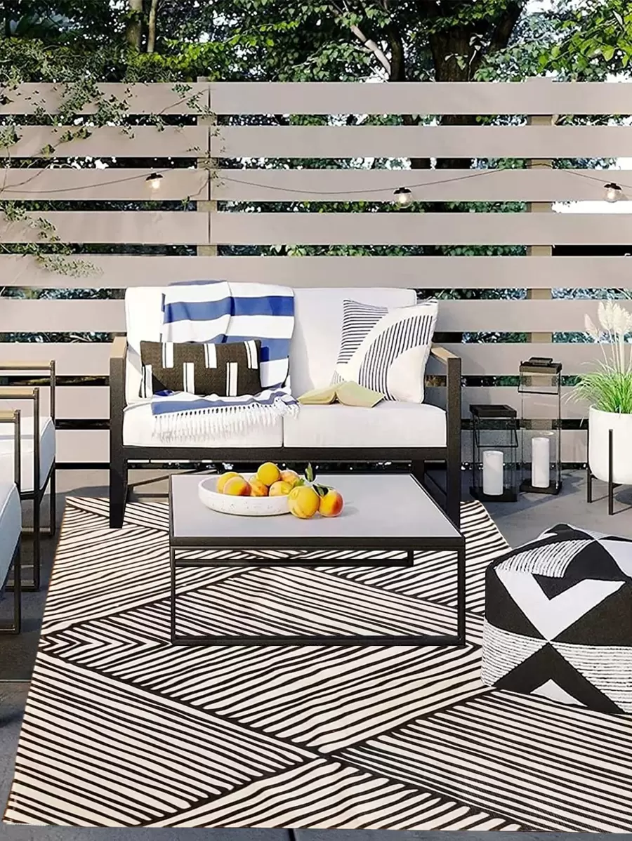 Geometric Pattern Outdoor Rug - Black and White - View 1