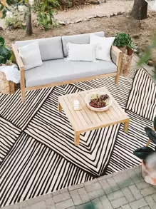 Geometric Pattern Outdoor Rug - Black and White - View 2
