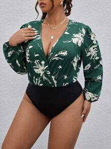 SHEIN Clasi 大碼印花交叉領燈籠袖連身背心 - 墨綠色 - 查看 2