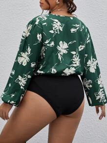 SHEIN Clasi 大碼印花交叉領燈籠袖連身背心 - 墨綠色 - 查看 3