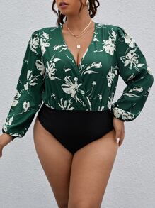 SHEIN Clasi 大碼印花交叉領燈籠袖連身背心 - 墨綠色 - 查看 4