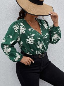 SHEIN Clasi 大碼印花交叉領燈籠袖連身背心 - 墨綠色 - 查看 5