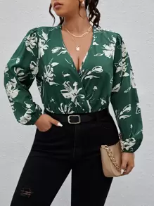 SHEIN Clasi 大碼印花交叉領燈籠袖連身背心 - 墨綠色 - 查看 1