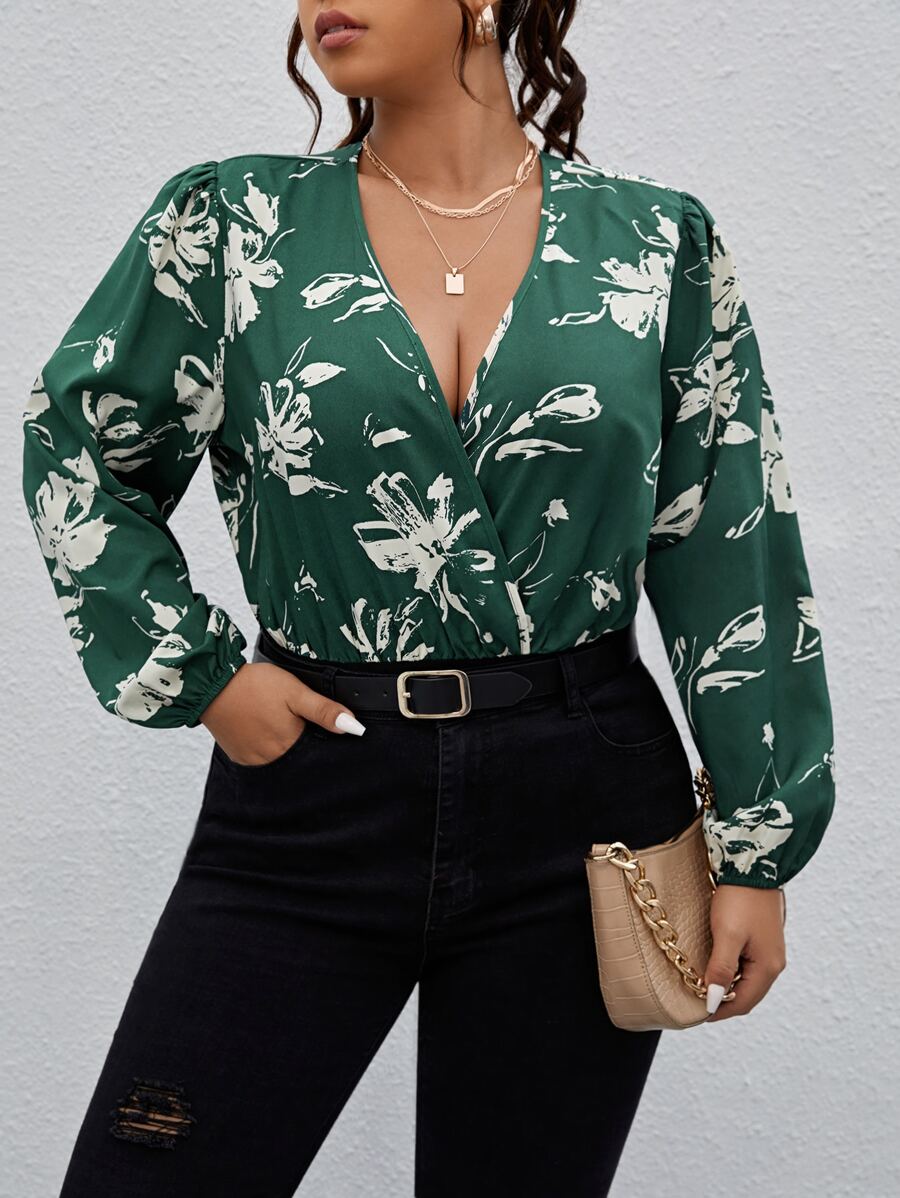 SHEIN Clasi 大碼印花交叉領燈籠袖連身背心 - 墨綠色 - 查看 1