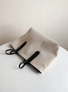 1 件时尚双色米色和黑色 PU 皮革大容量拉链封口手提包，适合日常通勤、工作、大学、休闲、单肩包、购物袋、短途旅行