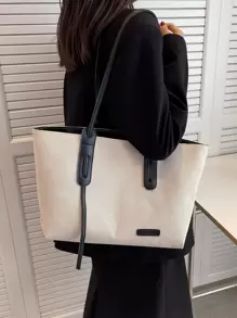 1 件时尚双色米色和黑色 PU 皮革大容量拉链封口手提包，适合日常通勤、工作、大学、休闲、单肩包、购物袋、短途旅行