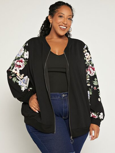 SHEIN プラス 花柄 ＆ スカルプリント ジッパーアップ ボンバージャケット SHEIN CURVE+ プラス 花柄プリント ジッパーアップ ボンバー