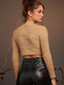 SHEIN Unity Scoop Neck Fuzzy Crop Tee - Khaki - View 2