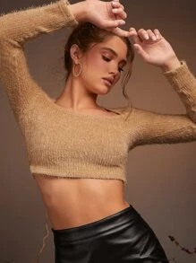 SHEIN Unity Scoop Neck Fuzzy Crop Tee - Khaki - View 4