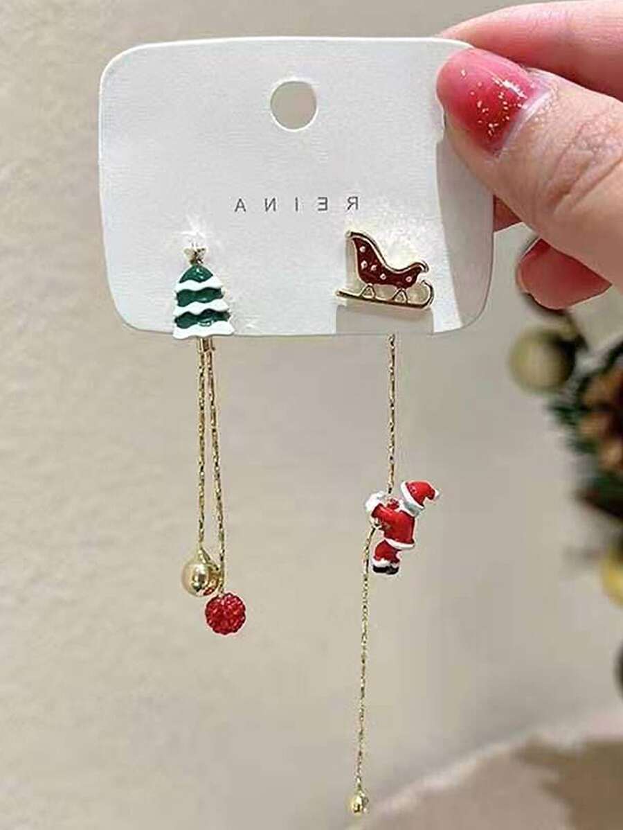 Christmas Santa Claus & Tree Decor Mismatched Drop Earrings - Red - View 1