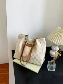 Large-capacity Simple Tote Shoulder Bag, Plaid Pattern Handbag With Fixed Strap, Fashionable Sling Bag - Beige - View 1