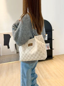 Large-capacity Simple Tote Shoulder Bag, Plaid Pattern Handbag With Fixed Strap, Fashionable Sling Bag - Beige - View 2