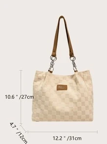 Large-capacity Simple Tote Shoulder Bag, Plaid Pattern Handbag With Fixed Strap, Fashionable Sling Bag - Beige - View 3