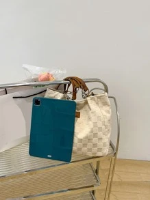 Large-capacity Simple Tote Shoulder Bag, Plaid Pattern Handbag With Fixed Strap, Fashionable Sling Bag - Beige - View 4