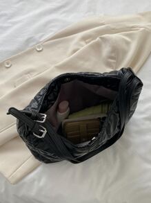 Quilted Detail Hobo Bag - Black - View 5