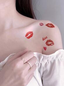 STARTTOOS 1 件浪漫性感红唇纹身贴纸，适合手腕、肩膀、颈部和锁骨 - 紅色 - 查看 2