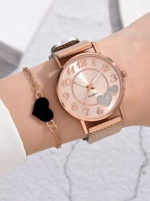 1pc Ladies Watch Heart Print Dial Round Pointer Quartz Watch & 1pc Bracelet Heart Necklace - Rose Gold - View 2