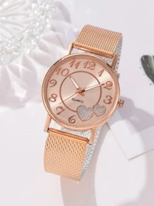 1pc Ladies Watch Heart Print Dial Round Pointer Quartz Watch & 1pc Bracelet Heart Necklace - Rose Gold - View 3