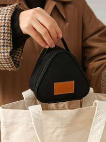 1pc Black Lunch Bag, Patch Detail Mini Triangle Lunch Box For Office Work School - Black - View 3