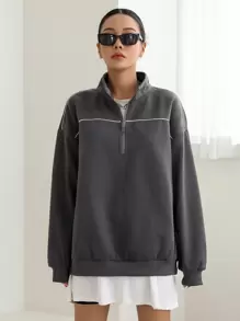 DAZY 半开襟落肩超大码运动衫，秋装 - 灰色 - 查看 5