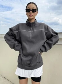 DAZY 半开襟落肩超大码运动衫，秋装 - 灰色 - 查看 7