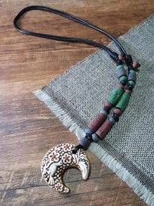 Bead Decor Bird Detail Moon Pendant Necklace - Multicolor - View 2