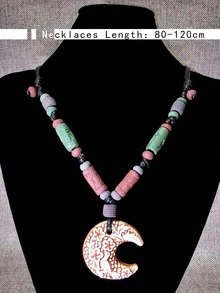 Bead Decor Bird Detail Moon Pendant Necklace - Multicolor - View 3
