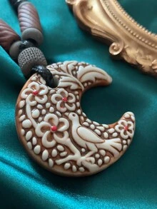 Bead Decor Bird Detail Moon Pendant Necklace - Multicolor - View 4