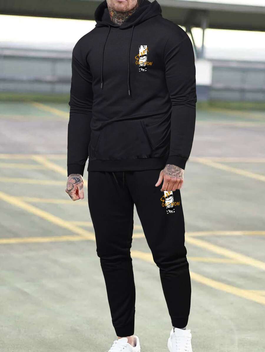 Manfinity Men Cartoon And Letter Graphic Drawstring Hoodie & Sweatpants - Black - View 1