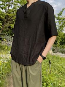 DAZY Men Solid Notched Neck Shirt - Black - View 2