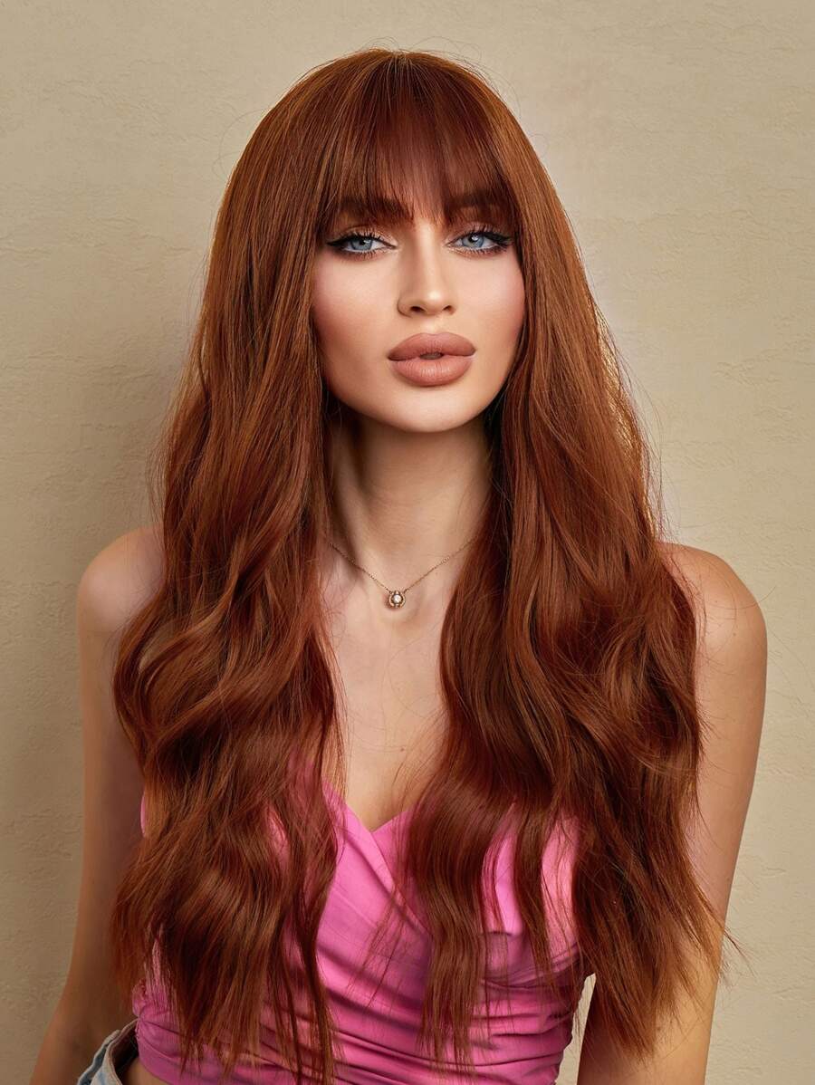 24 Inch Red Brown Long Curly Wig Synthetic Wig With Bangs Beginners Friendly Heat Resistant Fashionable For Daily Use Halloween Wedding Party Wear Music Festival Mother's Day Gift Hot - Burgundy - View 1