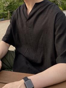 DAZY Men Solid Notched Neck Shirt - Black - View 4