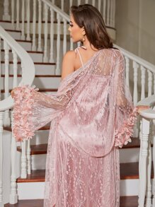 肩上打結緞面吊帶睡裙和花卉圖案腰帶網紗睡袍 - 藕粉色 - 查看 4