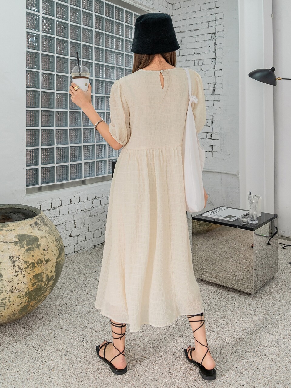 Puff Sleeve Textured Smock Dress