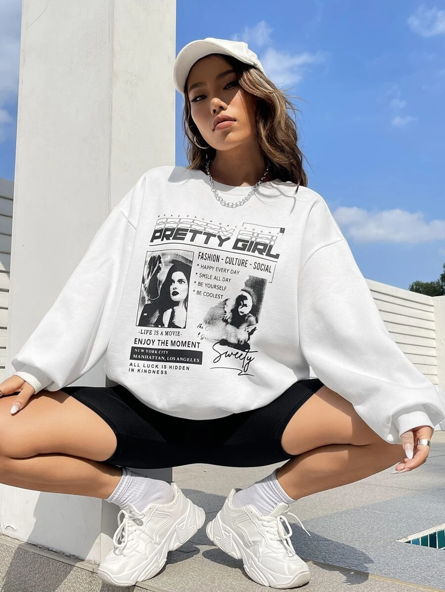 Muchica 人物和標語圖案落肩袖運動衫 - 白色 - 查看 1