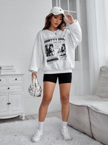 Muchica 人物和標語圖案落肩袖運動衫 - 白色 - 查看 5