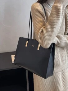 Minimalist Solid Color Square Shoulder Bag, All-Match Textured Top Handle Bag, Women's Versatile Crossbody Bag Letter Detail Shoulder Tote Bag For Teen Girls Women College Students,Rookies & White-collar Workers Perfect for Office,Work ,Business,Commute Best Work Bag for Women - Black - View 1